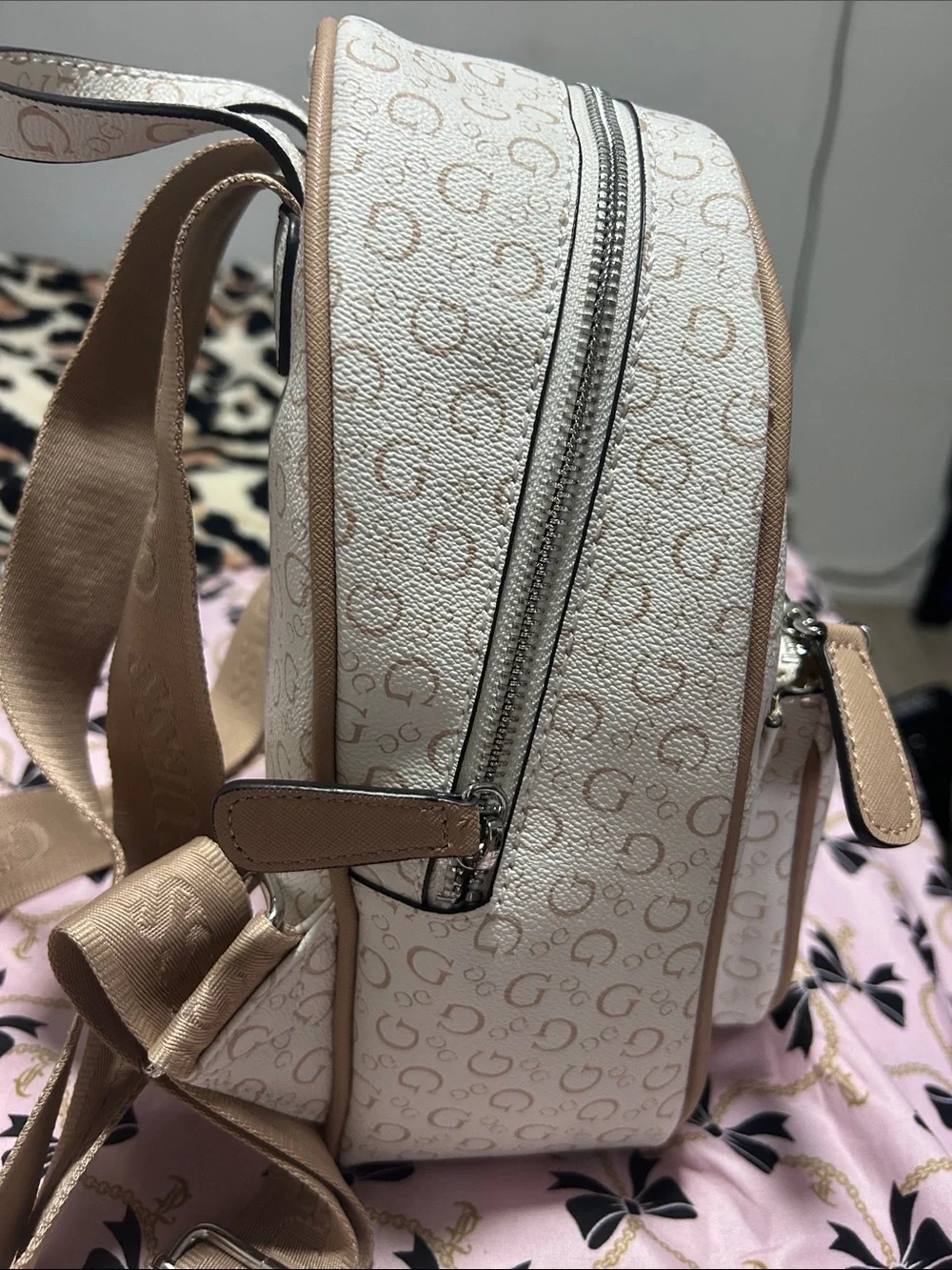 GUESS Cream and Tan Logo Mini Backpack